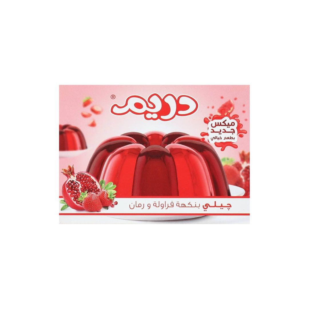 دريم جيلي ميكس فراوله ورمان 85 جرام*12 علبه*12 بالته